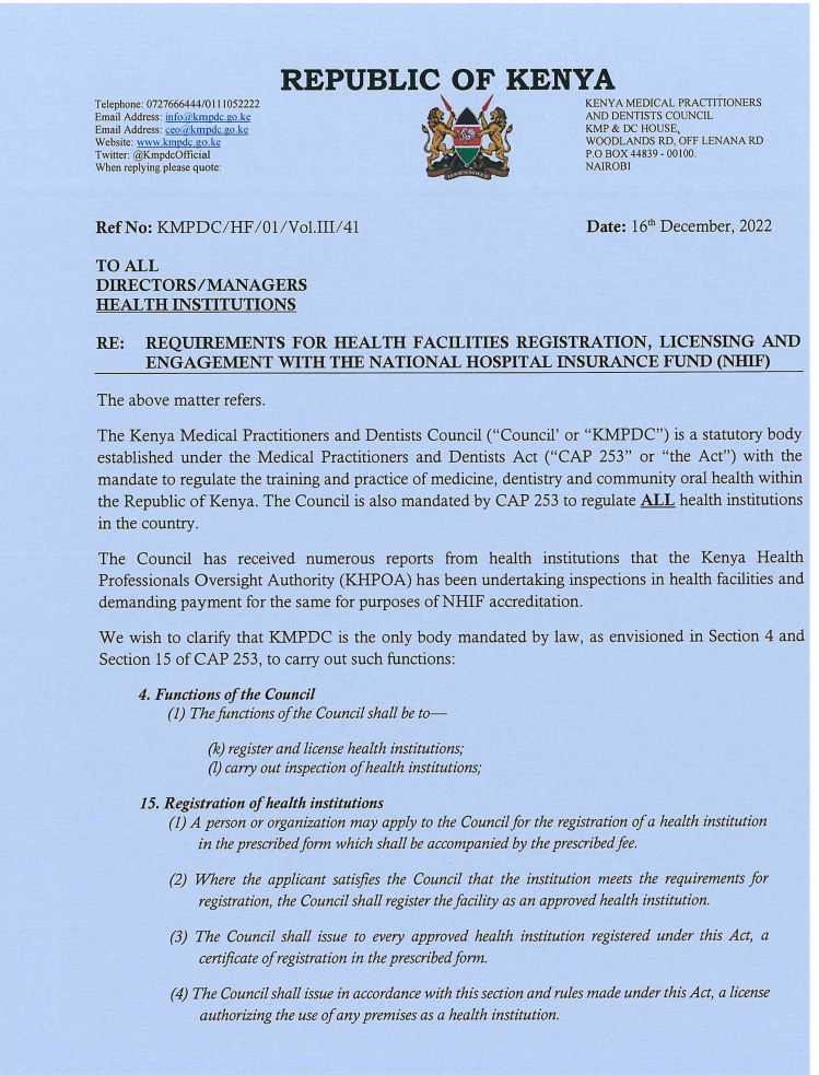 LETTER TO ALL HEALTH FACILITIES Kenya Medical Practitioners and